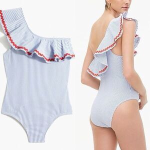 J.Crew Sz L Blue White Red Seersucker One Piece Swimsuit One Shoulder Ruffle